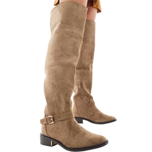 SEQWL Wide Fit Latte Buckle Detail Over-The-Knee Boots Taupe Chocolate Size 10 - Picture 1 of 7